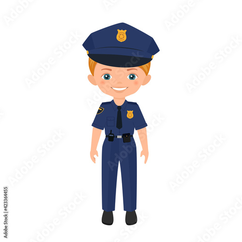 Cute boy character in police uniform isolated on white background. Flat cartoon style