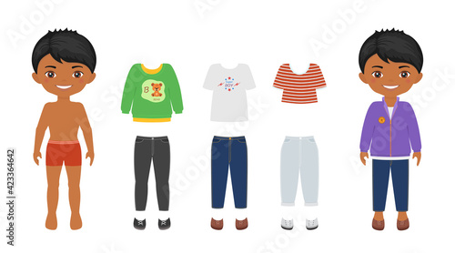 Paper doll template. Dress up cute Indian boy. Cartoon flat style