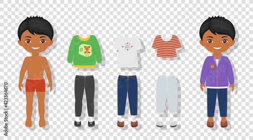 Paper doll template on transparent background. Dress up cute Indian boy. Cartoon flat style