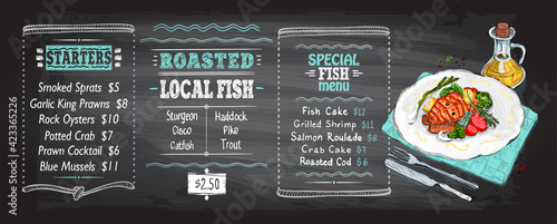 Fish menu chalkboard template with salmon steak on a plate