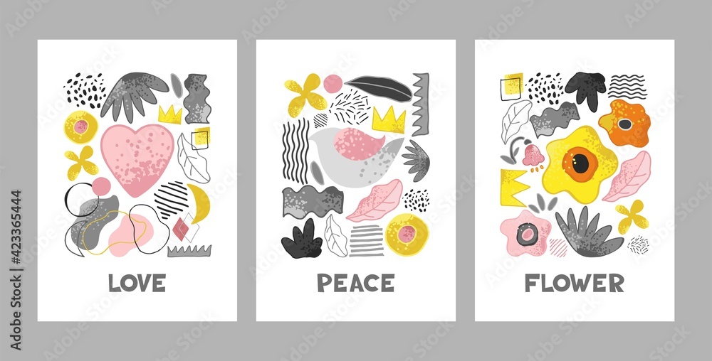 Set of modern decorative posters with symbols of nature and beauty in yellow, gray, pink colors isolated on white. Collection of contemporary abstract backgrounds template. Cartoon vector illustration