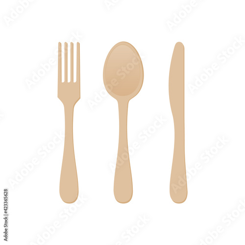 Biodegradable fork, spoon and knife. Compostable cutlery made of wood. Bamboo disposable eco friendly table setting. Natural reusable material. Zero waste. Vector, realistic illustration,flat,clip art
