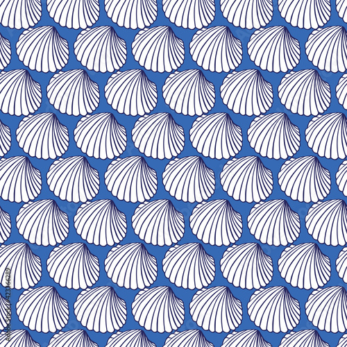 Vector blue rows of cockles clam seashells repeat pattern 05. Suitable for gift wrap, textile and wallpaper.