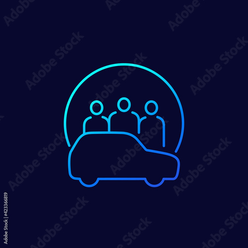 carsharing, carpooling line vector icon with people and a car