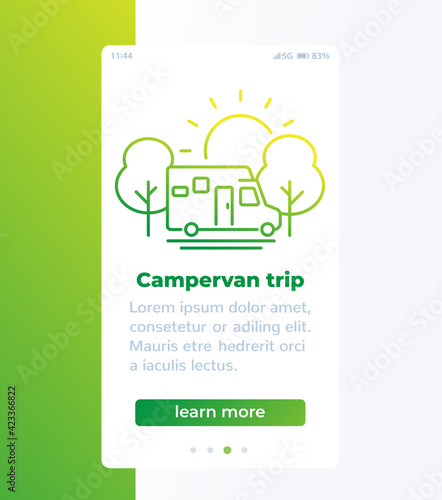 Campervan trip, travel in camper, banner design with line icon
