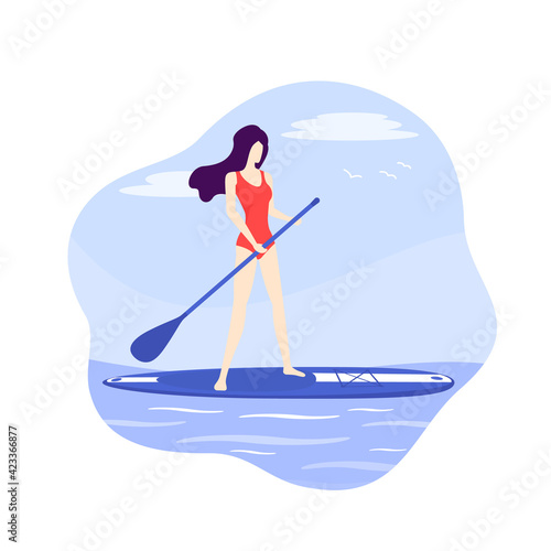 Girl on a sup board with paddle, vector