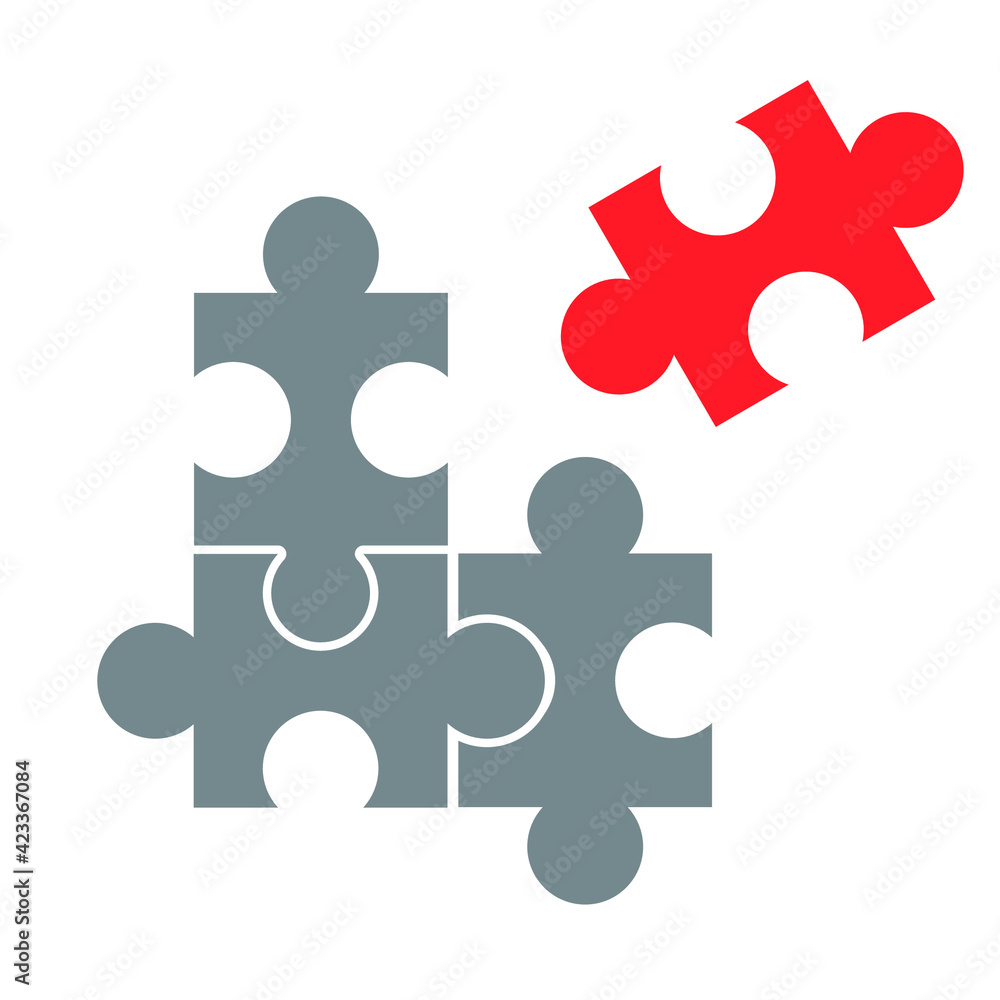 Four puzzle pieces, one red and three gray, abstract symbol icon isolated on a white background, flat design style. Eps10 vector illustration. Four puzzle pieces, one red and three gray, abstract symbol icon isolated on a white background, flat design style. Eps10 vector illustration.