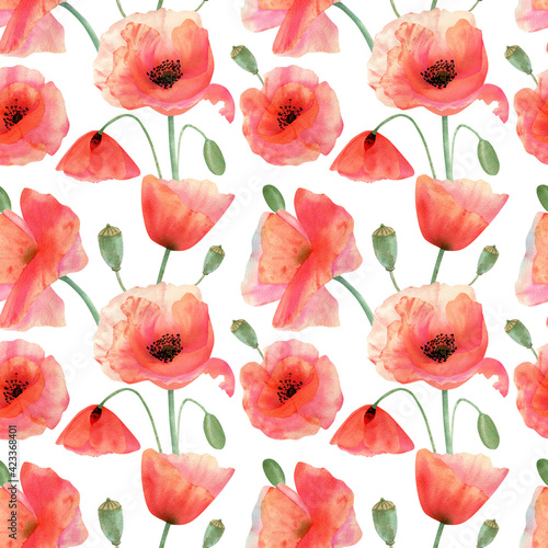 Seamless watercolor pattern pattern with poppy flower. Botanical illustration with red summer flowers  green bud