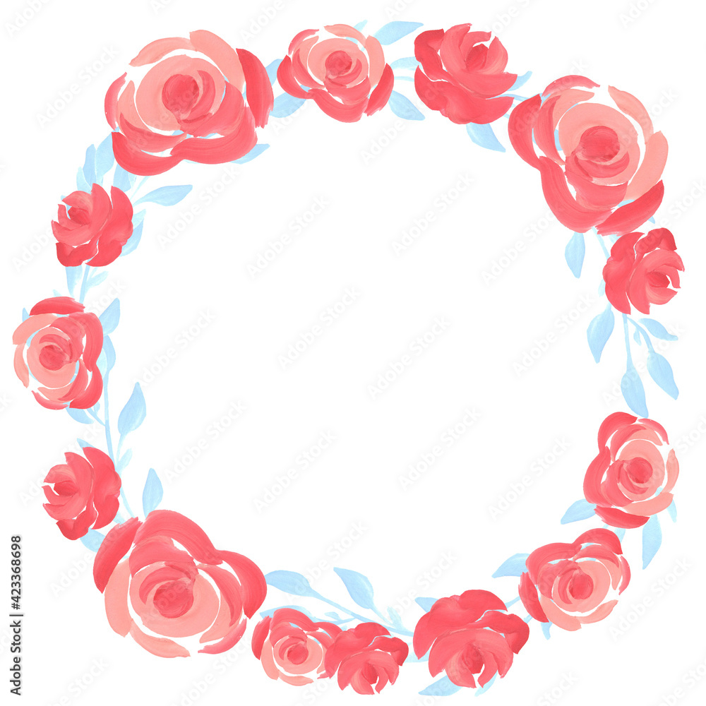 Watercolor illustration of a flowers wreath. Bright  round frame hand drawn in watercolor. Template for wedding invitation, greeting card, background.