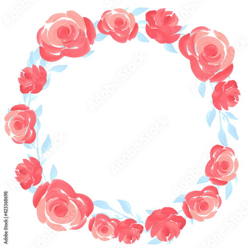 Watercolor illustration of a flowers wreath. Bright  round frame hand drawn in watercolor. Template for wedding invitation  greeting card  background.