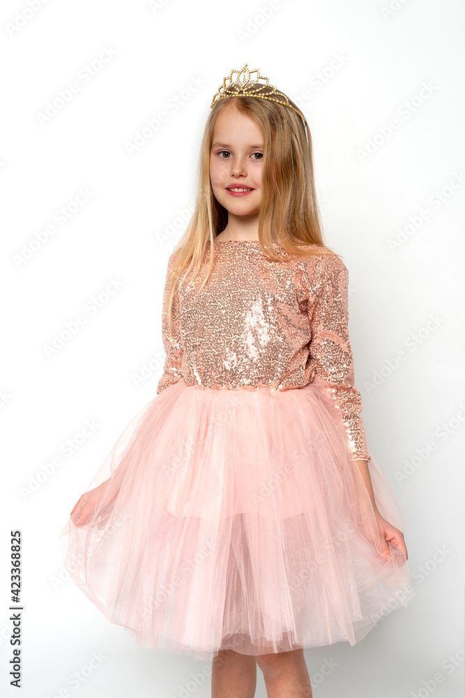 Studio shot of  attractive little girl wearing pink ball gown and crown posing against white background in studio