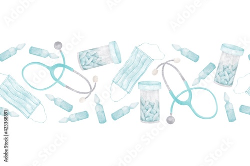 Medical-themed border strip with pills, phonendoscope, face mask and ampoules