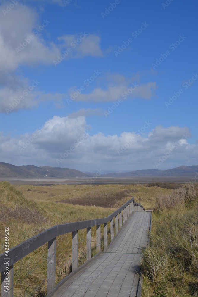 the wooden gangway over the top of the sand dunes at ynyslas beach and nature reserve with a view of the welsh mountains behind it