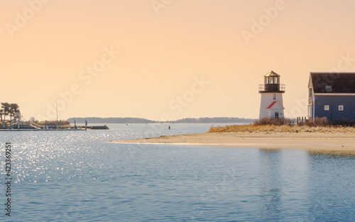 Seascape with Lewis Bay Lighthouse in Hyannis Harbor. Historic Light House across from Hyannis Harbor Park at Hyannis Inner Harbor. photo