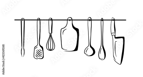 Hand drawn vector of kitchen accessories hanging on the rod on the wall in the kitchen