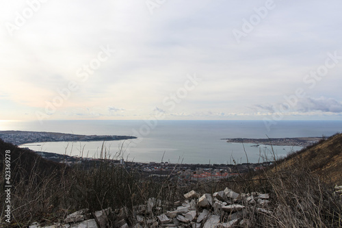 Beautiful spring view of the Bay of the resort city of Gelendzhik from the top of the mountains. Russia  Black sea coast