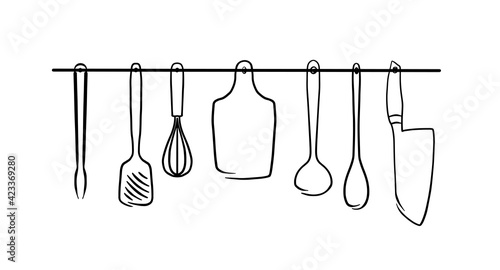 Hand drawn vector of kitchen accessories hanging on the rod on the wall in the kitchen
