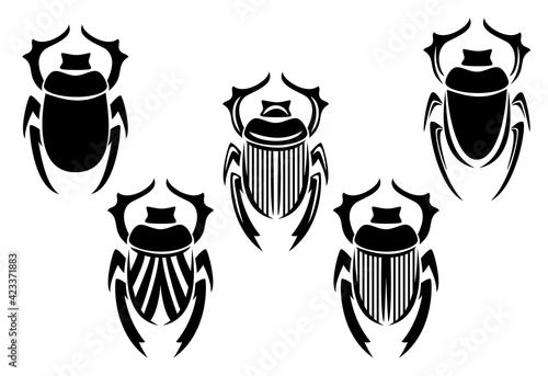 sacred scarab beetle black and white vector design set - ancient Egyptian symbol of rising sun and god Ra