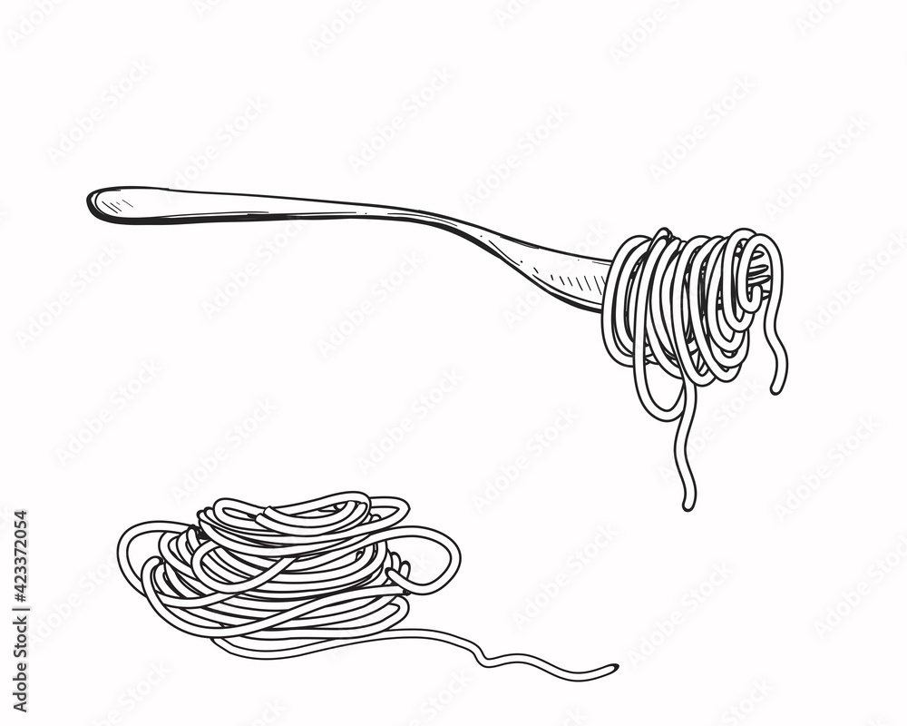 Hand drawn sketch black and white of pasta, spaghetti, fork. Vector  illustration. Elements in graphic style label, sticker, menu, package.  Engraved style illustration. Stock Vector | Adobe Stock