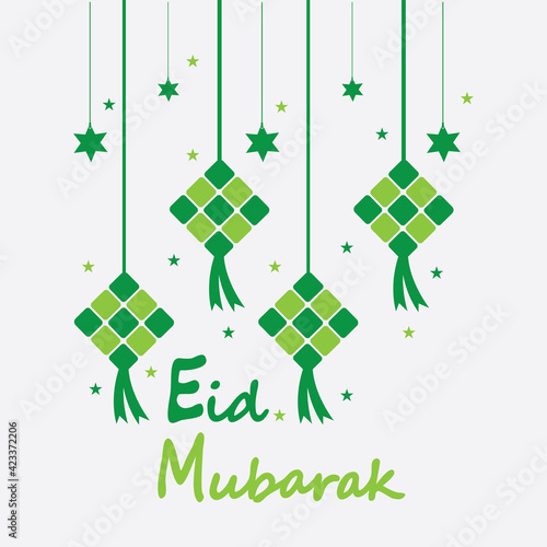 Eid mubarak background with ketupat,crescent and stars for celebrate eid ul fitr or eid ul adha - Vector illustration