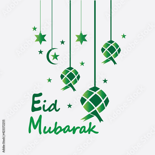 Eid mubarak background with ketupat,crescent and stars for celebrate eid ul fitr or eid ul adha - Vector illustration