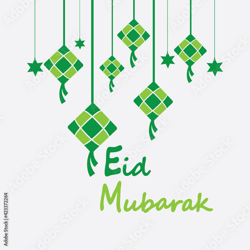 Eid mubarak background with ketupat,crescent and stars for celebrate eid ul fitr or eid ul adha - Vector illustration
