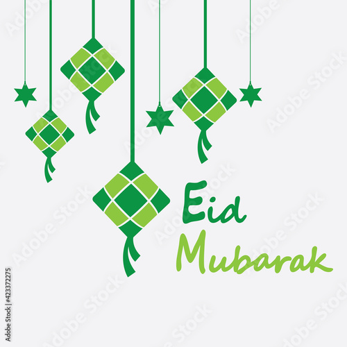 Eid mubarak background with ketupat,crescent and stars for celebrate eid ul fitr or eid ul adha - Vector illustration