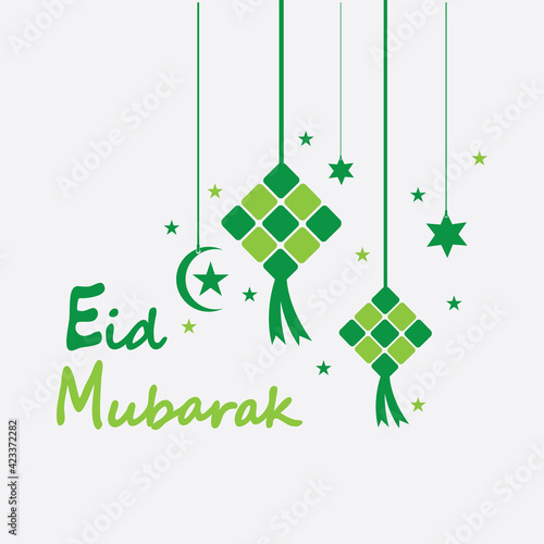 Eid mubarak background with ketupat,crescent and stars for celebrate eid ul fitr or eid ul adha - Vector illustration