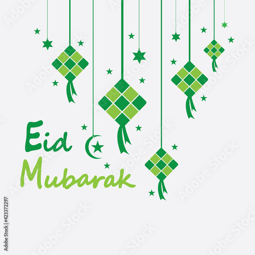 Eid mubarak background with ketupat,crescent and stars for celebrate eid ul fitr or eid ul adha - Vector illustration