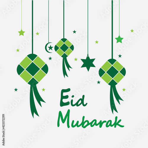 Eid mubarak background with ketupat,crescent and stars for celebrate eid ul fitr or eid ul adha - Vector illustration