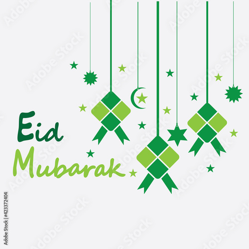 Eid mubarak background with ketupat,crescent and stars for celebrate eid ul fitr or eid ul adha - Vector illustration