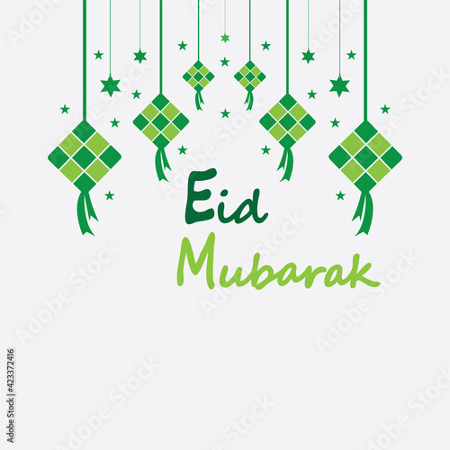 Eid mubarak background with ketupat,crescent and stars for celebrate eid ul fitr or eid ul adha - Vector illustration