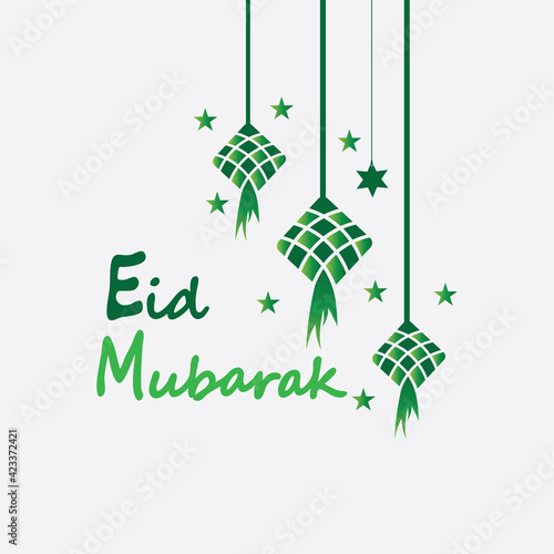 Eid mubarak background with ketupat,crescent and stars for celebrate eid ul fitr or eid ul adha - Vector illustration
