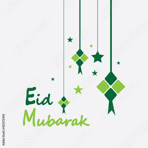 Eid mubarak background with ketupat,crescent and stars for celebrate eid ul fitr or eid ul adha - Vector illustration