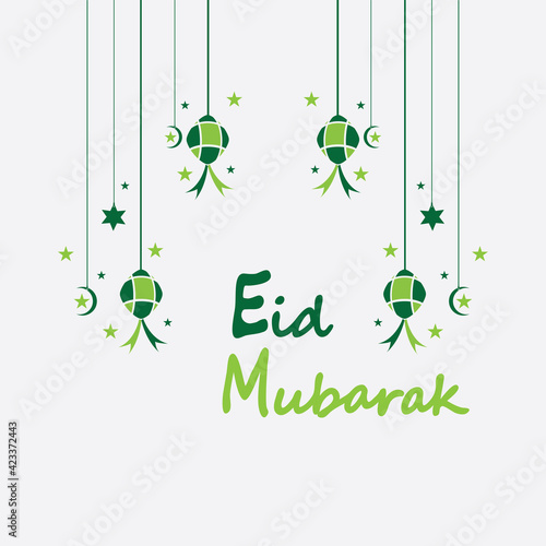Eid mubarak background with ketupat,crescent and stars for celebrate eid ul fitr or eid ul adha - Vector illustration