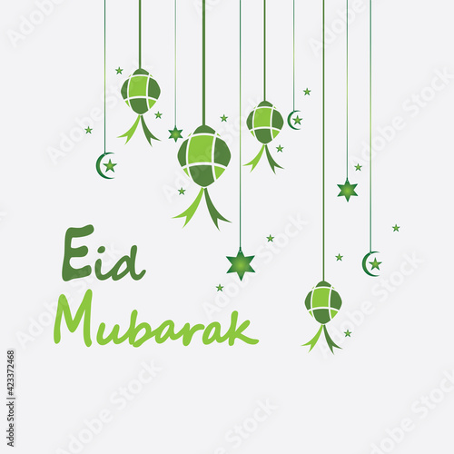 Eid mubarak background with ketupat,crescent and stars for celebrate eid ul fitr or eid ul adha - Vector illustration