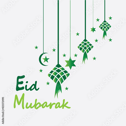 Eid mubarak background with ketupat,crescent and stars for celebrate eid ul fitr or eid ul adha - Vector illustration