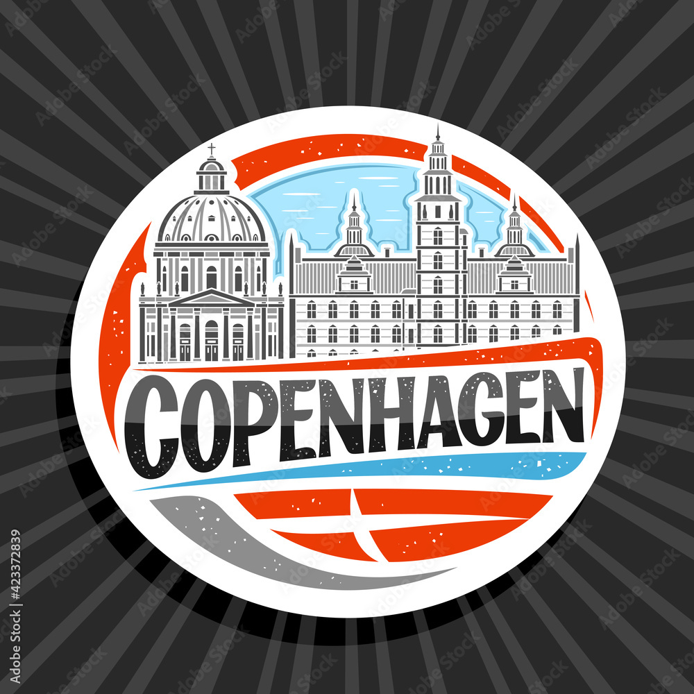 Vector logo for Copenhagen, white decorative sign with outline illustration of copenhagen city scape on day sky background, art design fridge magnet with unique lettering for black word copenhagen.