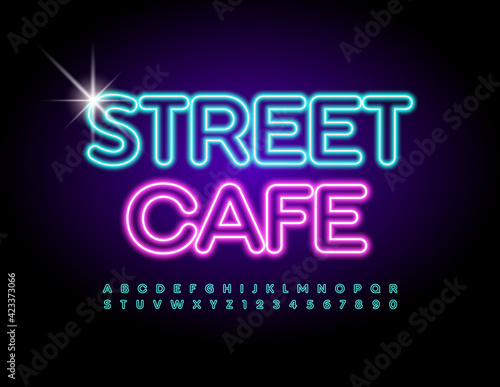 Vector electric Emblem Street Cafe. Blue illuminated Font. Neon Alphabet Letters and Numbers