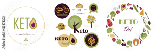 Set of vector keto logos. Pyramid of nutrition on the keto diet. Foods, calculation of water, beverages, fat, protein and carbohydrates for a healthy diet according to the keto diet. Infographics of