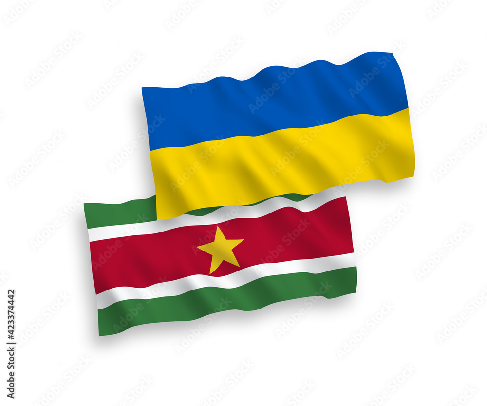 Flags of Republic of Suriname and Ukraine on a white background Flags of Republic of Suriname and Ukraine on a white background