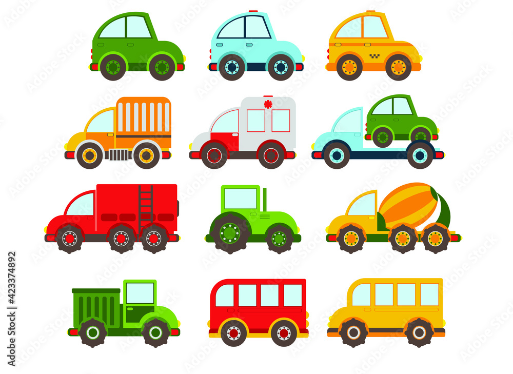 colored children's cars (police, taxi, truck, ambulance, ambulance, tractor, concrete mixer, tow truck), vector flat illustration 