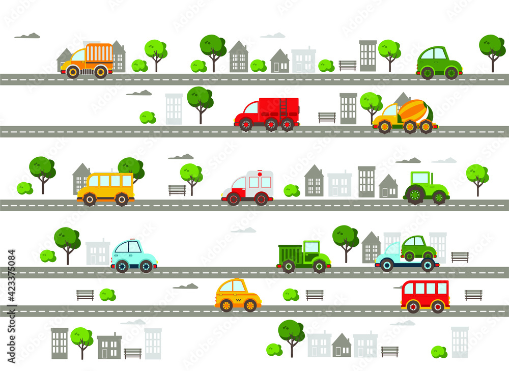 baby city  with roads, cars, transport, trees and houses. Flat vector illustration.