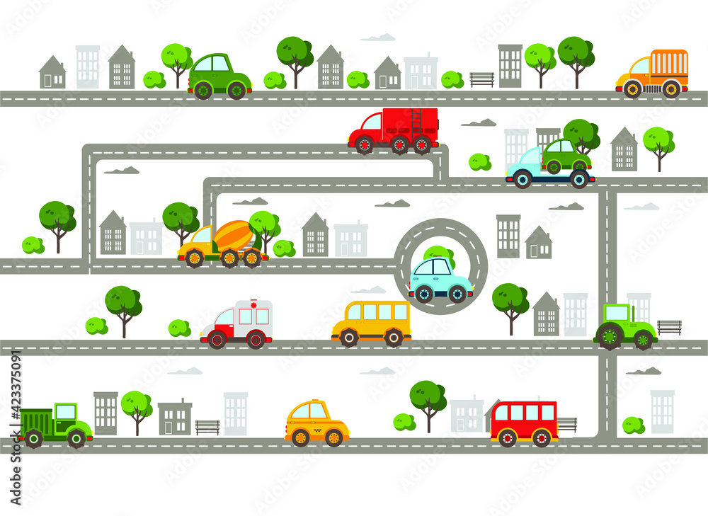 Obraz premium baby city with roads, cars, transport, trees and houses. Flat vector illustration.