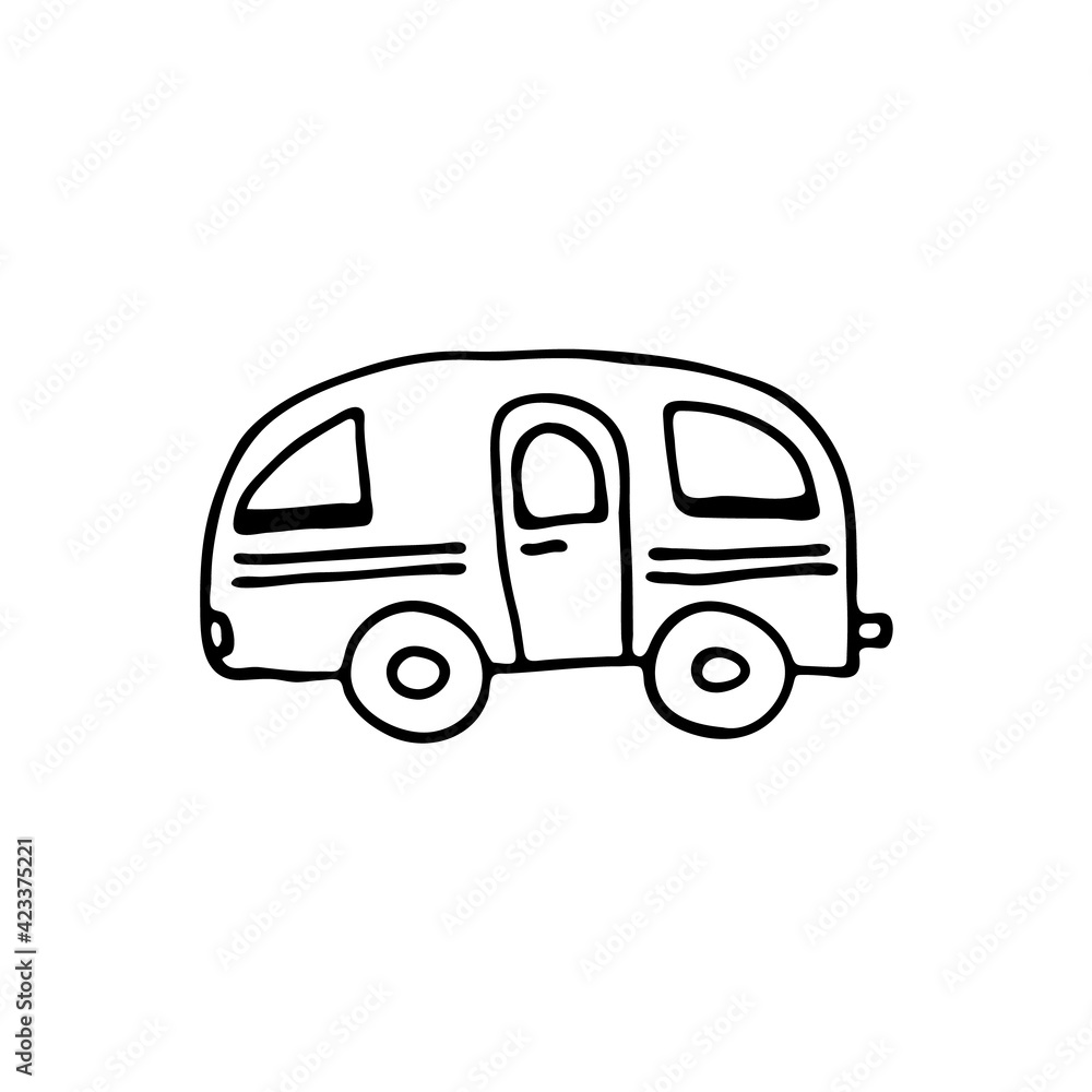 Doodle image of a car, a motor home. Hand-drawn image for print, sticker, web, various designs. Vector element for the themes of travel, vacation, tourism.