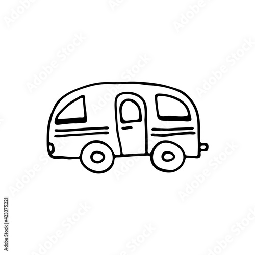 Doodle image of a car, a motor home. Hand-drawn image for print, sticker, web, various designs. Vector element for the themes of travel, vacation, tourism.