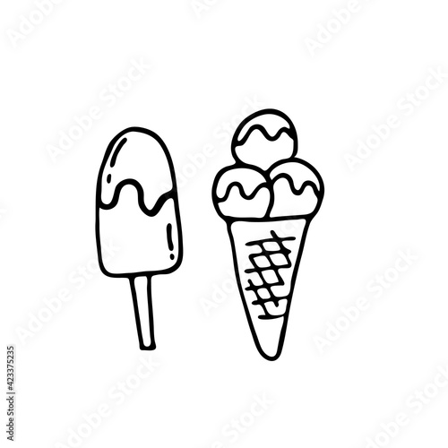 Doodle image of ice cream. Hand-drawn image for print, sticker, web, various designs. Vector element for the themes of travel, vacation, tourism.