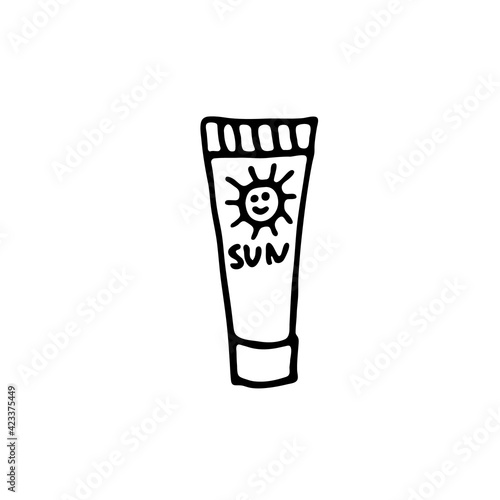 Doodle image of sunscreen. Hand-drawn image for print, sticker, web, various designs. Vector element for the themes of travel, vacation, tourism.