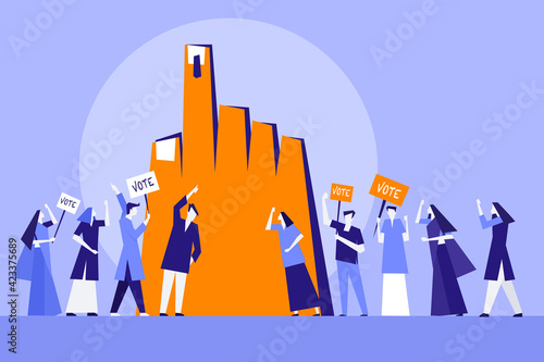 Conceptual illustration of political parties campaigning for vote in front of a huge hand with electoral stain