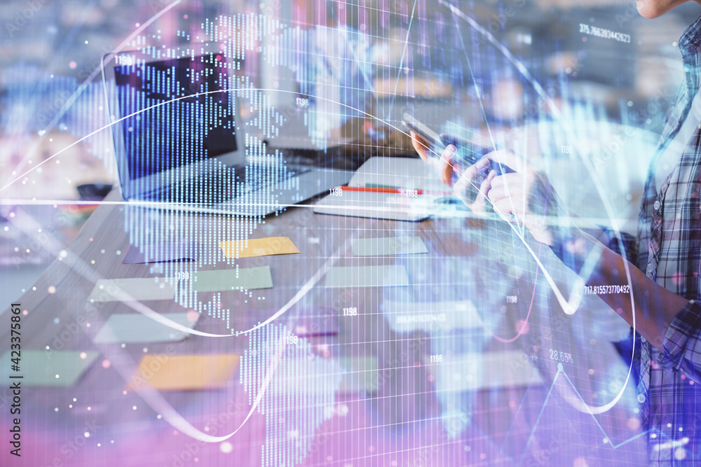 Multi exposure of woman hands typing on computer and business theme hologram drawing. Success concept. Multi exposure of woman hands typing on computer and business theme hologram drawing. Success concept.